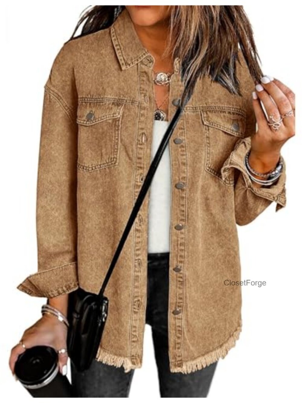 Oversized Button Down Denim Jacket Frayed Hem Western Shacket